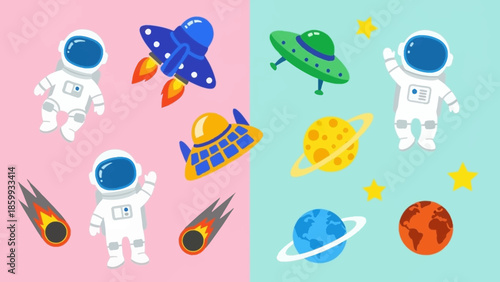 Astronauts and Planets in Space Illustration.