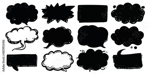 다양한 모양의 말풍선 아이콘 세트, 손으로 그린 듯한 독특한 디자인의 그래픽 리소스