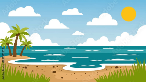 Tropical beach scene with palm trees and sunny sky.