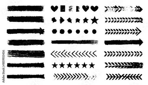 다양한 모양과 질감의 붓터치 브러시 스트로크, 화살표, 하트, 별, 점, 사각형 아이콘 세트