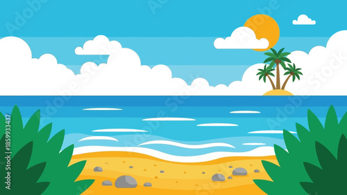 Serene tropical beach scene with palm trees and calm ocean.