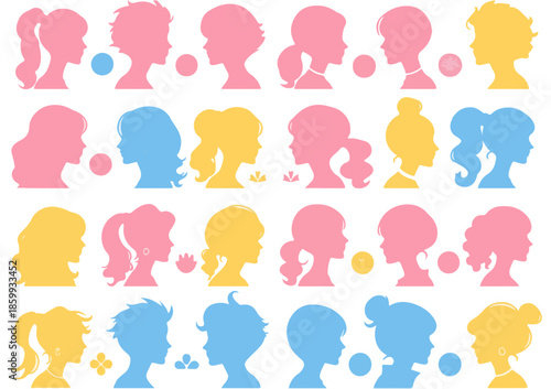 다양한 머리 모양과 스타일을 가진 아이들의 다채로운 실루엣 프로필 컬렉션