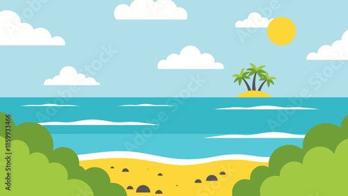 Serene tropical island paradise with palm trees, sandy beach, and clear blue ocean under a sunny sky