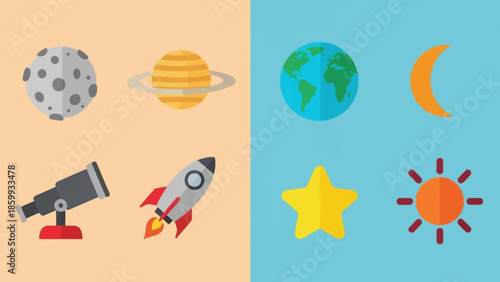Set of space-themed icons including planets, moon, sun, telescope, and rocket ship for scientific and astronomical exploration