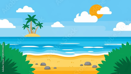 Vibrant Tropical Island Paradise with Palm Trees and Crystal Clear Ocean Waves Under a Sunny Sky