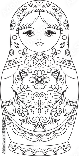 Intricate floral design adorns a traditional russian matryoshka doll in monochrome style