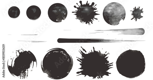 다양한 질감과 모양의 검은색 잉크 얼룩 및 브러시 스트로크, 투명 배경에 배치된 추상적인 그래픽 요소