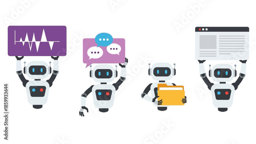 Robots Holding Icons Representing Data Analysis, Communication, Organization, and Web Browsing