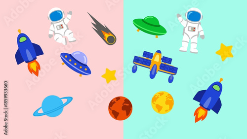 Collection of cartoon planets, rockets, astronauts, and UFOs in space illustrations