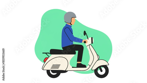 A person riding a classic white scooter with a light green background