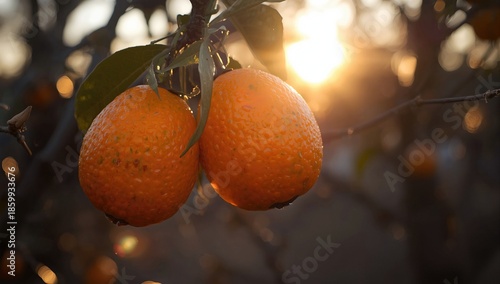 Close-up of two ripe oranges hanging on a tree branch with sunlight glowing in the background