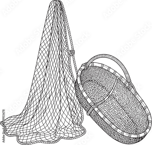 An antique illustration of a fishing net and woven basket vintage style artwork