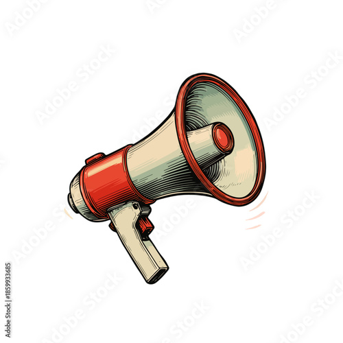 메가폰의 일러스트, 투명한 배경에 그려진 고전적인 빨간색과 흰색 스피커, 소리 전달