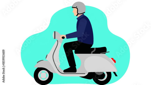 Illustration of a person riding a scooter on a light blue abstract background