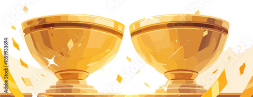 빛나는 두 개의 황금 트로피가 화려한 금색 컨페티와 함께 승리를 축하합니다.