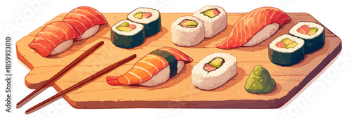 다양한 종류의 맛있는 초밥이 나무 도마 위에 놓여 있고 젓가락이 함께 제공됩니다.
