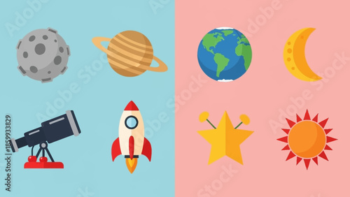 Collection of celestial bodies and space exploration icons, including planets, rockets, and telescopes for educational and science-themed designs