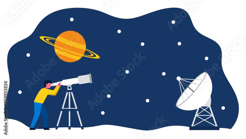 Man uses telescope to observe Saturn and a satellite dish under a starry night sky