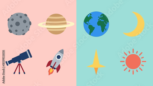Celestial bodies and space exploration icons including planets, moon, sun, telescope, and rocket