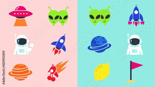 Space exploration and alien encounters a vibrant illustration of rockets, astronauts, and extraterrestrial beings on colorful backgrounds