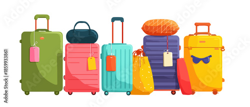 다양한 색상의 여행 가방들이 모여 여행 준비를 마친 모습을 보여줍니다. 휴가, 출장, 여행.