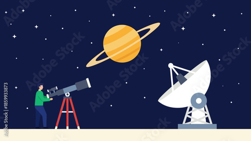 A person observes Saturn with a telescope next to a radio telescope, illustrating the study of space and astronomy, set against a starry night sky