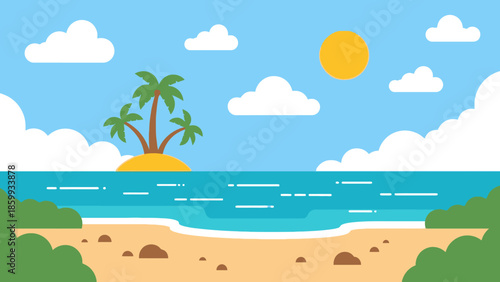 A serene tropical island vista with palm trees and a sandy beach under a bright sun and clear blue sky, evoking a sense of peace and tranquility