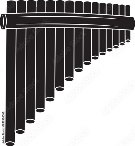 A black and white illustration of a pan flute with multiple pipes arranged vertically