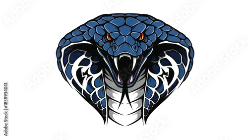 Illustrated blue cobra head design with fangs and hood.