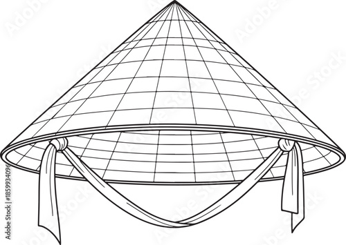 A detailed line drawing depicts a traditional conical asian hat with chin straps