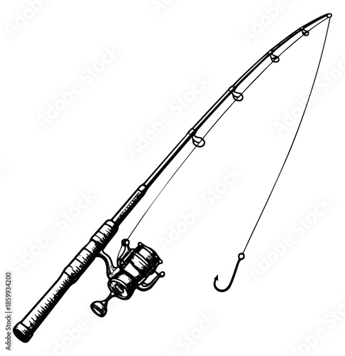 Hand drawn illustration of a fishing rod, reel, and hook depicting angling equipment for recreation