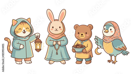 Cute cartoon animals celebrating Ramadan in traditional attire.