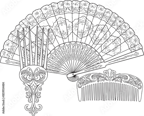 Detailed sketch of an ornate hand fan combs and decorative vintage elements