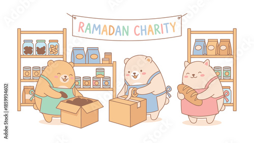 Cute cartoon bears preparing charity food donations for Ramadan.