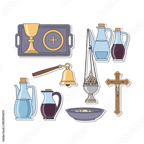 A collection of Catholic Mass liturgical items including a chalice, paten, cruets, censer, bell, crucifix, and communion hosts.