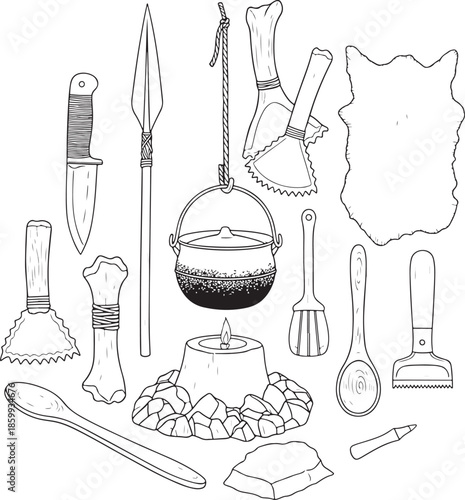 Vintage illustration of primitive tools cooking implements and weapons in a sketched style