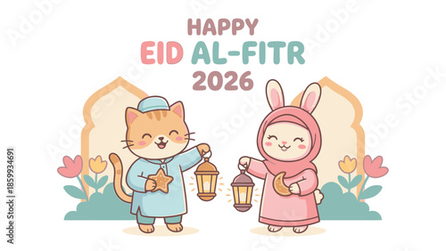 Cute cartoon cat and bunny celebrating Eid Al Fitr.