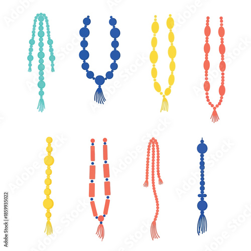 Eight colorful beaded necklaces or garlands with tassels, in various designs and lengths.