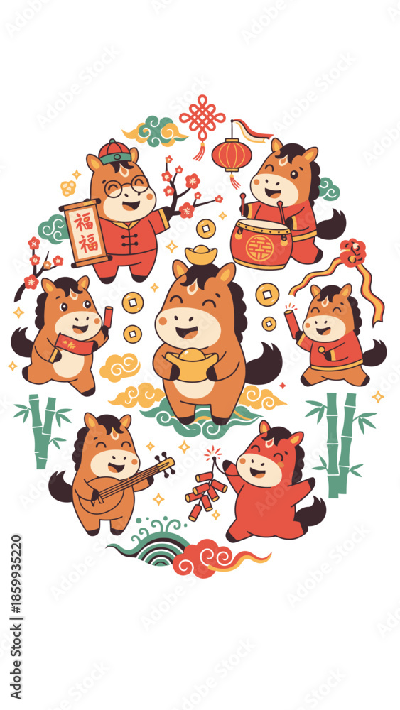 Fototapeta premium Cute Cartoon Horses Celebrating Chinese New Year.