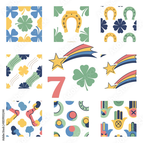 Collection of nine seamless patterns and individual lucky symbols representing good fortune and positive omens.