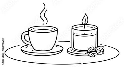 Hand drawn line art relaxation set featuring a steaming coffee cup and a lit candle for a cozy atmosphere