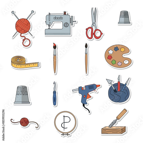 A vibrant collection of various craft and hobby tools, including items for sewing, knitting, painting, and woodworking projects.