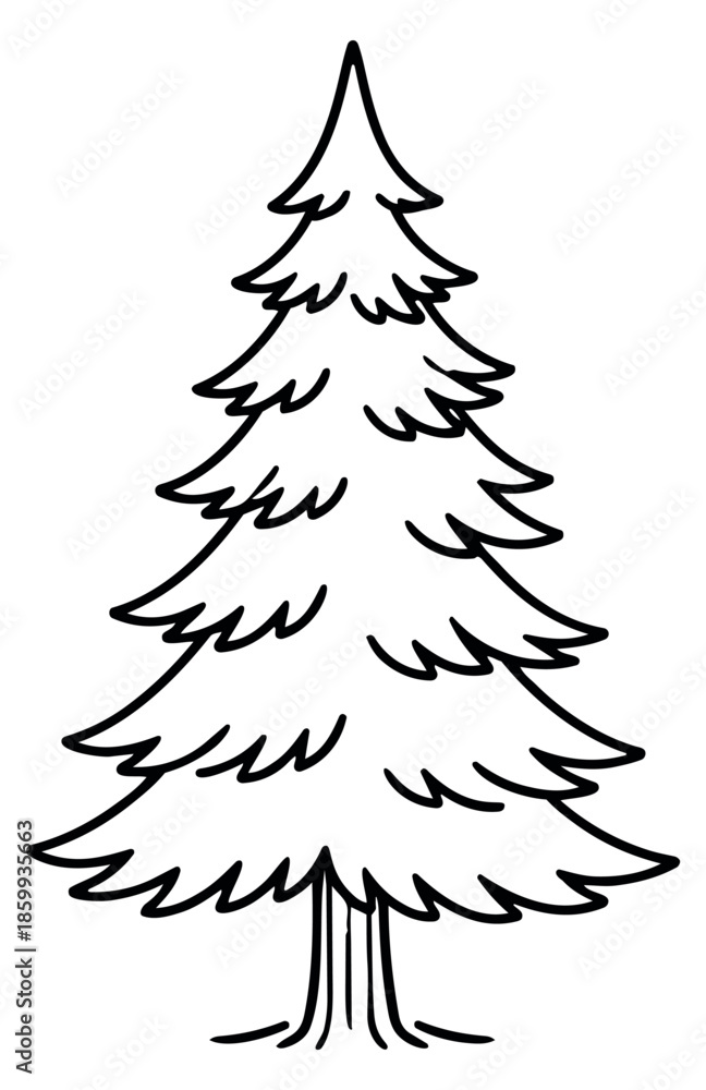 Obraz premium Hand drawn line art illustration of an evergreen tree depicting a simple, isolated form for nature and winter designs