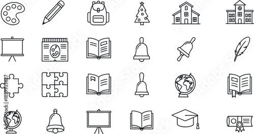 Education and school line icon set with books, backpack, globe, bell, diploma, classroom objects in minimal black outline vector style