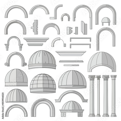 A comprehensive collection of architectural elements including various arches, domes, columns, and decorative moldings, presented as detailed vector illustrations.