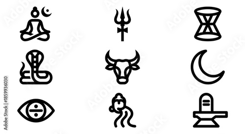 Minimalist Lord Shiva Line Art Vector Icons Set Monoline Hindu God Symbols Trident Om Cobra and Lingam for Logo Design and Tattoo Concepts