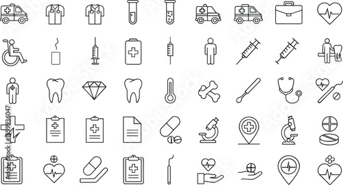 Medical and healthcare line icon set featuring hospital, ambulance, syringe, heart, medicine, doctor and treatment symbols in clean outline vector style