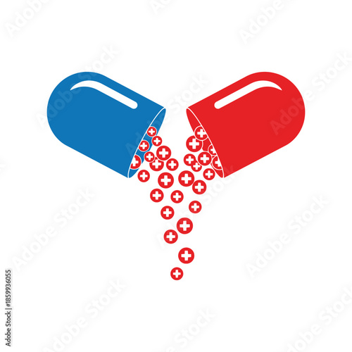 Medical symbol capsules spilling health icons Vector