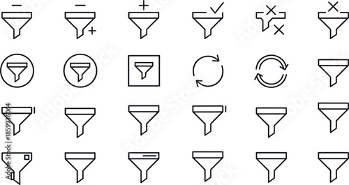 Filter and funnel line icon set showing sort, refine, refresh and selection symbols for user interface and data management in minimal outline vector style
