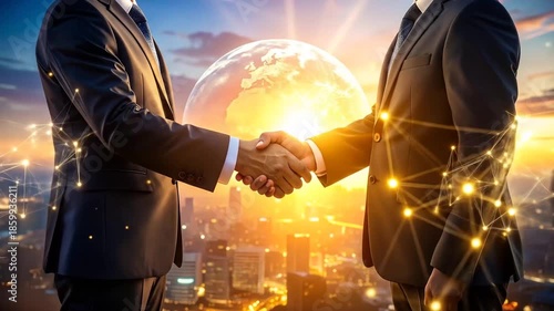 Global Business Deal: Handshake Over Cityscape and Earth